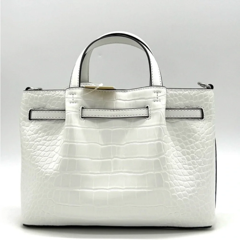 Michael Kors Carson Small Crocodile Embossed Satchel Bag Optic White
